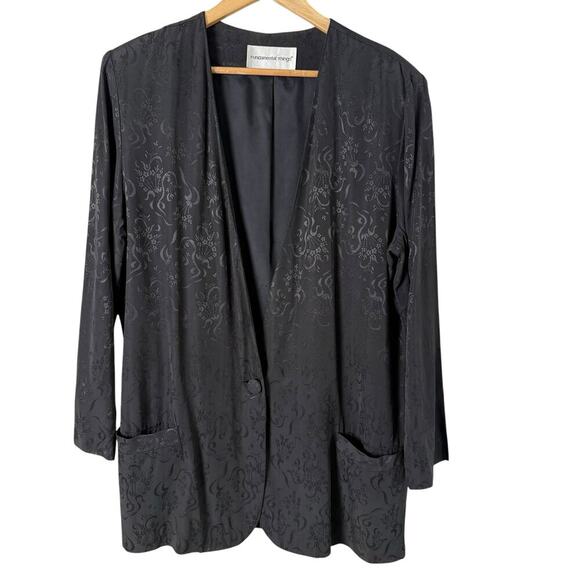Vintage 80s Black Silk Floral Jacquard Long Oversized Blazer‎ Jacket, Size 12 - Picture 1 of 11